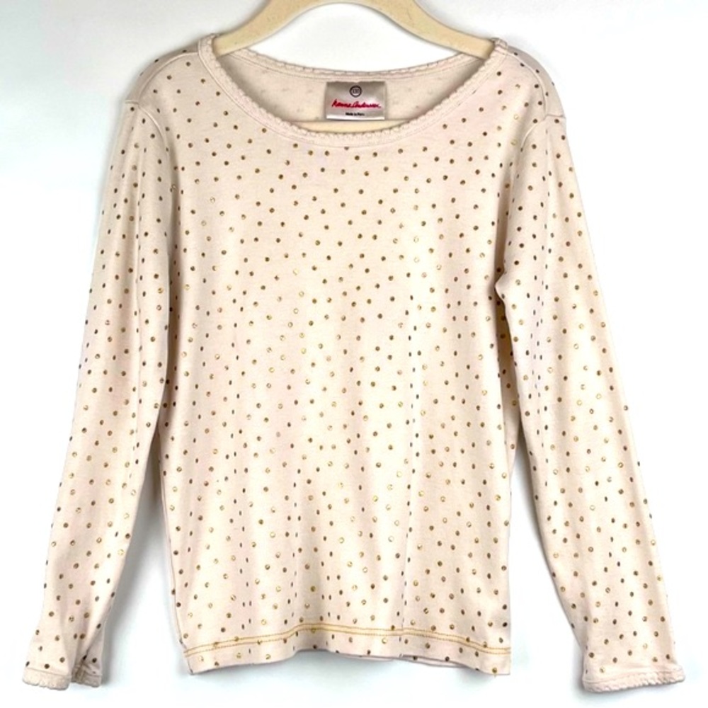 Hanna Andersson Tee T-Shirt Top 110 US 5 Girls Cream Gold Metallic Dots L/S